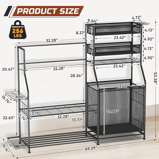 Garage Sports Equipment Organizer,3 Golf Bags Storage Stand,Heavy-Duty Ball Storage Rack with