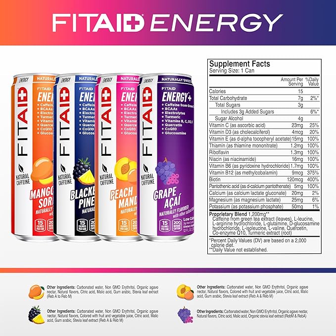 LIFEAID FITAID Energy Drink, 200mg Natural Caffeine, Keto, 15 Calories, Variety Pack, BCAAs