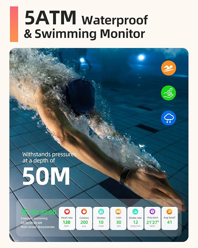 Parsonver 5ATM Waterproof Fitness Tracker, Swimming Smart Watch with Step Counter, Stopwatch