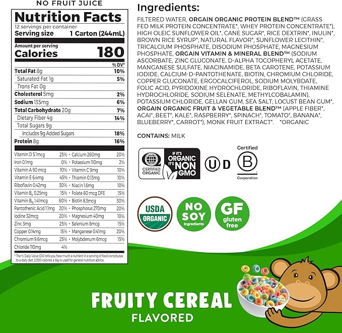 Orgain Organic Kids Nutritional Protein Shake, Fruity Cereal - Kids Snacks with 8g Dairy Protein