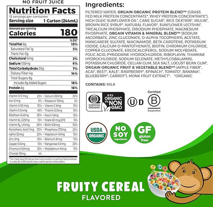 Orgain Organic Kids Nutritional Protein Shake, Fruity Cereal - Kids Snacks with 8g Dairy Protein