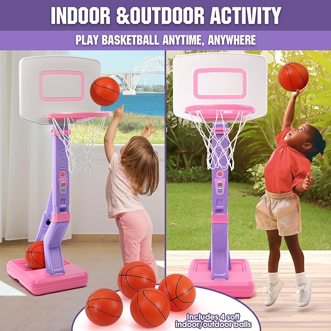 SUPER JOY Toddler Pink Basketball Hoop for Kids 1-3,2-4 5 Years Old, Adjustable Mini Hoop Set for