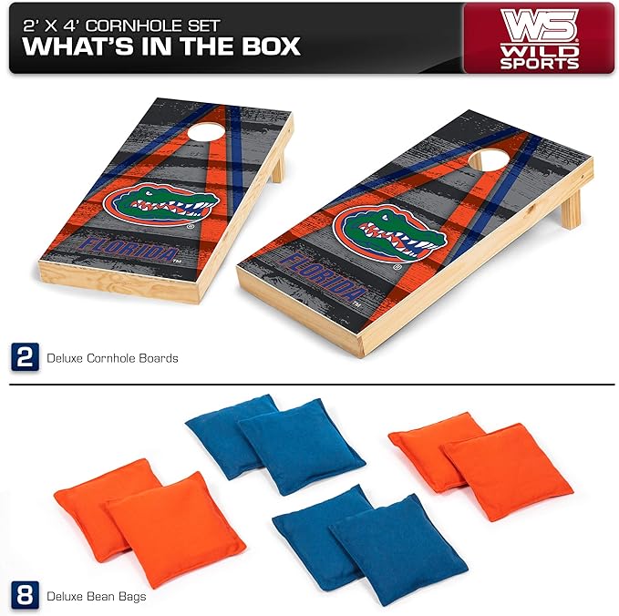 Wild Sports NCAA College 2' x 4' Wood Direct Print Tournament Cornhole Set, 8 Bean Bags, Vintage