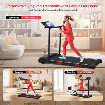 Electric Walking Pad with Handle Bar, 0.6-10MPH Portable Walkingp Pads Treadmills with Handles for