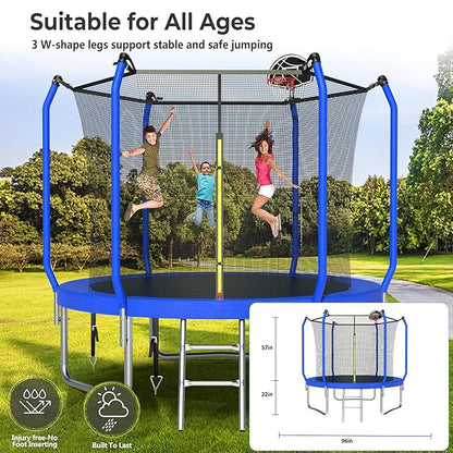Upgraded Trampoline 8FT/10FT/12FT/14FT With Basketball Hoop, Light, Sprinkler, Stakes - Outdoor