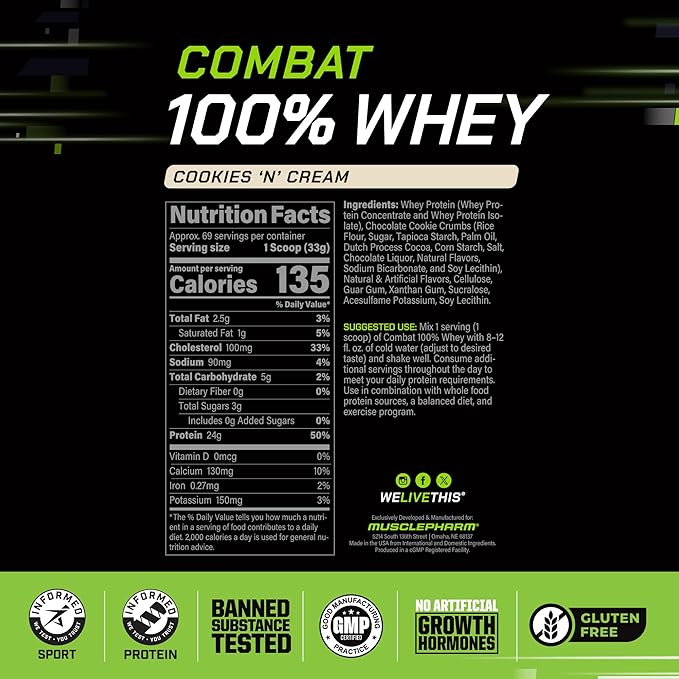 MusclePharm Combat 100% Whey Protein Powder, Cookies ?˜N??Cream Flavor, Fast Recovery & Muscle Gain