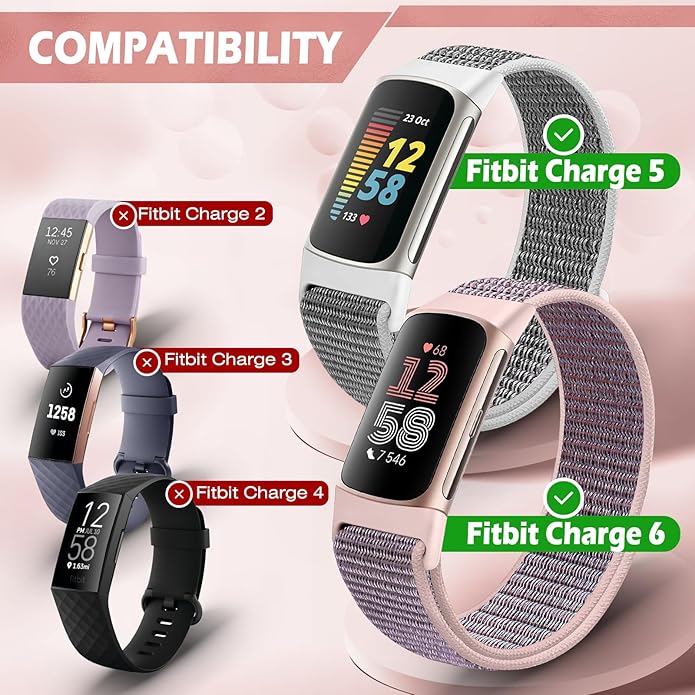 Sport Loop Nylon Watch Bands Compatible with Fitbit Charge 6/5, Adjustable Breathable Replacement