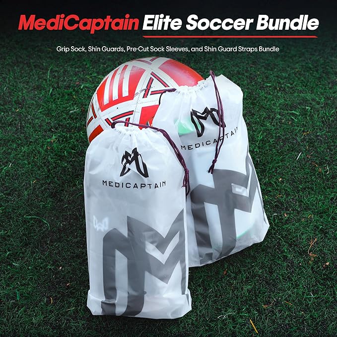 Soccer Grip Socks, Shin Guards, Pre Cut Sock Sleeves, and Guard Straps Bundle Pack - Essential