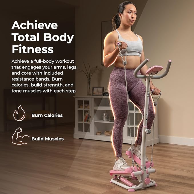 Sunny Health & Fitness Total Body 2-in-1 Smart Stepper Machine for Home with Handlebar and