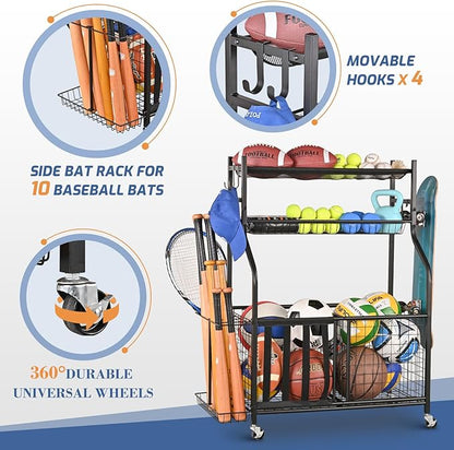 PLKOW Sports Equipment Organizer - Garage Storage Rack with Basket and Hooks, Ball Storage, Toy and