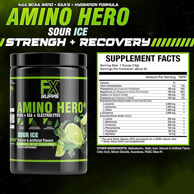 FXSUPPS Amino Hero Sour Ice Flavor (25 Servings) | Post-Workout Recovery Drink for Men and Women |