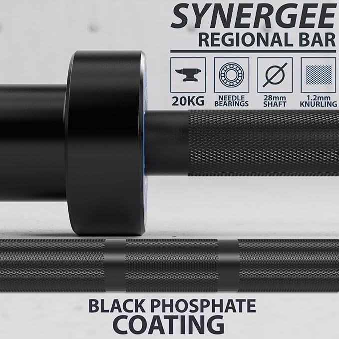 Synergee Regional Olympic 20kg Men’s and 15kg Women’s Hard Chrome & Black Phosphate Barbells. Rated
