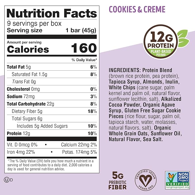 Lenny & Larry's Cookie-fied Protein Bar – Cookies & Creme Vegan Protein Bars 9x45g – Healthy Snacks