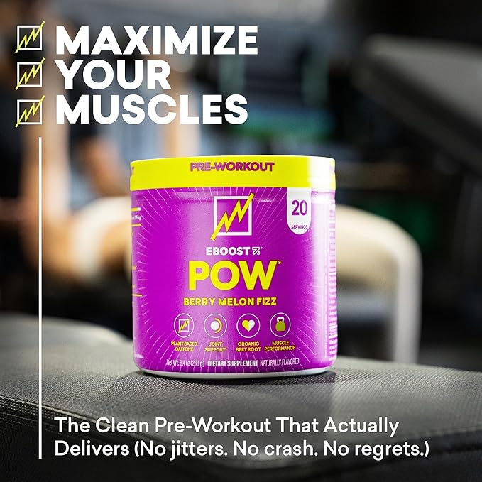 EBOOST POW Natural Pre Workout Powder - 20 Servings - Berry Melon Fizz - Pre Workout Supplement for