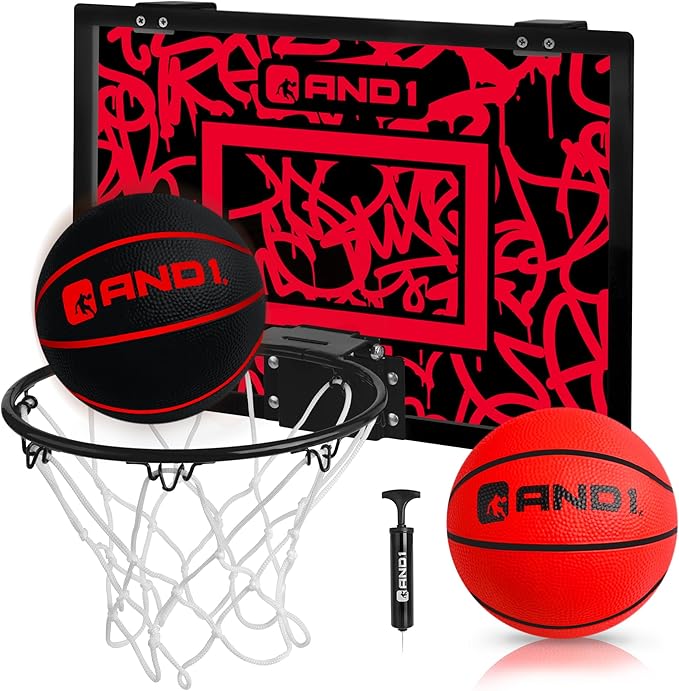 AND1 Over the Door Mini Basketball Hoop: 18x12 Shatterproof Backboard, 2 Mini Basketballs, and Hand