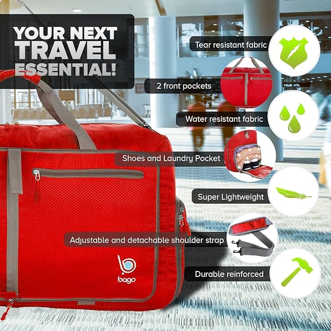 Bago Foldable Duffel Bags for Traveling Women & Men - 60L Medium Packable Duffle Bag for Travel