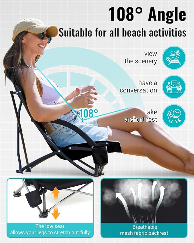 KingCamp Low Beach Chairs, Portable Folding Chair for Adults Extra Wide Ergonomic High Back Seat