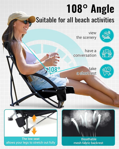 KingCamp Low Beach Chairs, Portable Folding Chair for Adults Extra Wide Ergonomic High Back Seat