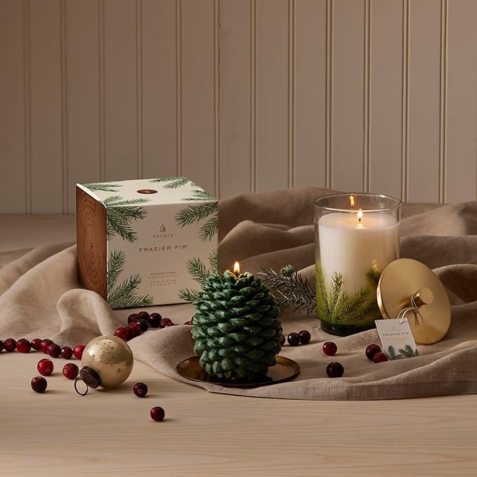 Thymes Frasier Fir Scented Candles for Home Decor - Green Pillar Candles for Women & Men - Place on