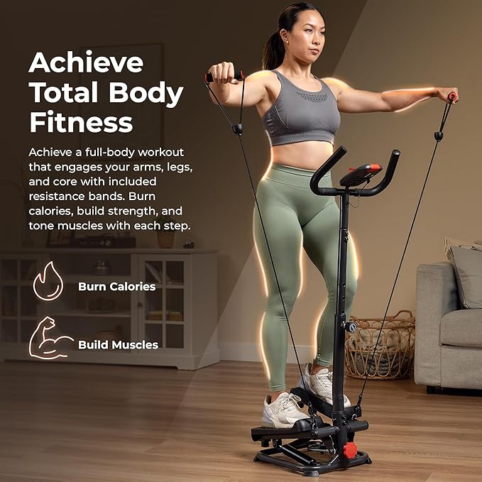 Sunny Health & Fitness Total Body 2-in-1 Smart Stepper Machine for Home with Handlebar and