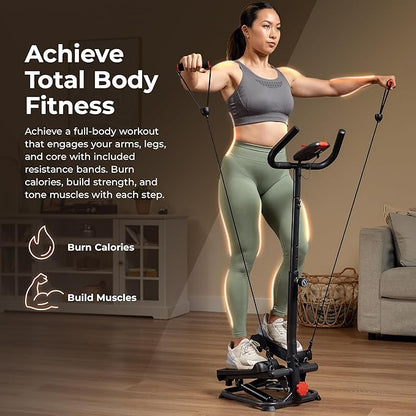 Sunny Health & Fitness Total Body 2-in-1 Smart Stepper Machine for Home with Handlebar and