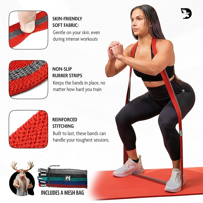 DMoose Fitness Fabric Resistance Bands for Full Body Exercises - Non-Slip Thick Cloth Stretch Band