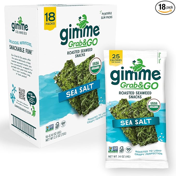 Gimme Seaweed Grab & Go Organic Premium Roasted Seaweed Snacks, Sea Salt, 18 Count Trayless, Keto