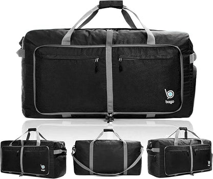 Bago Big XXL Foldable Duffel Bags for Traveling Women & Men - 140L Packable Duffle Bag for Travel with Shoe Compartment - Water Repellant, Heavy Duty, Lightweight Folding & Collapsible (Black)