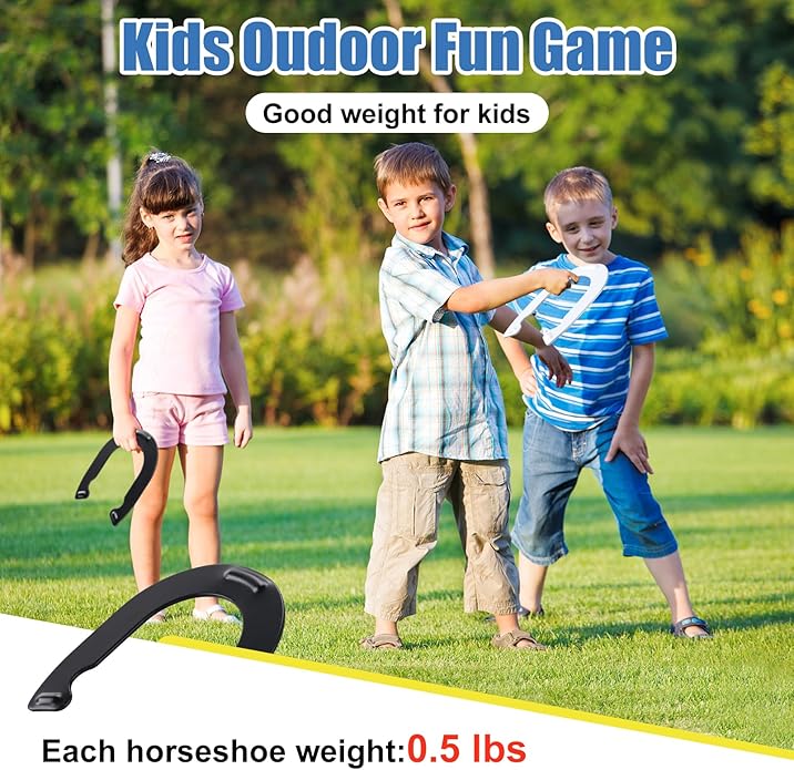Horseshoes Outside Game for Kids, Metal Horse Shoes Game Kit Includes 4 Horseshoes 2 Stakes