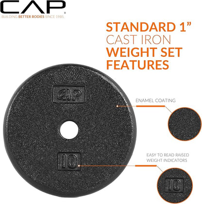 CAP Barbell Standard 1-Inch Cast Iron Weight Plates - Singles & Sets | 1.25-50 lbs | Multiple