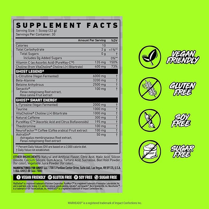 GHOST Legend Pre-Workout Powder, Warheads Sour Watermelon - 30 Servings ??Pre-Workout for Men &