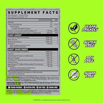 GHOST Legend Pre-Workout Powder, Warheads Sour Watermelon - 30 Servings ??Pre-Workout for Men &