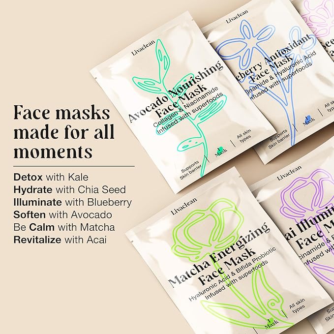 LivaClean 12 CT Face Masks Skincare - Collagen Sheet Mask - Hydrating Face Masks Bulk with
