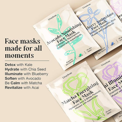LivaClean 12 CT Face Masks Skincare - Collagen Sheet Mask - Hydrating Face Masks Bulk with