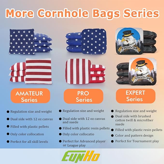 EunHo Cornhole Bags Regulation Dual Sided Set of 8, Professional Cornhole Bean Bags Slick & Sticky