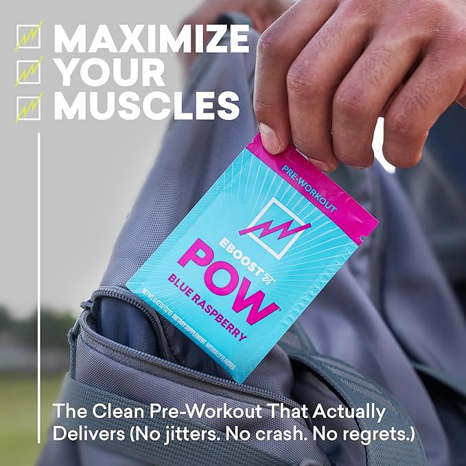 EBOOST POW Natural Pre Workout Powder - 15 Packets, Blue Raspberry - Preworkout Energy Booster Gym