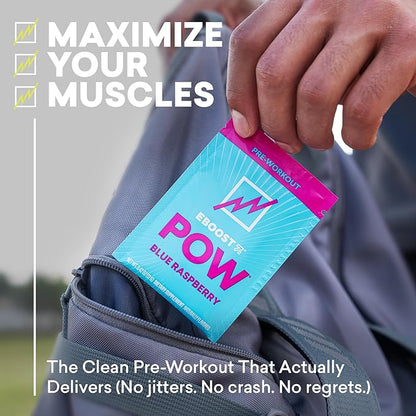 EBOOST POW Natural Pre Workout Powder - 15 Packets, Blue Raspberry - Preworkout Energy Booster Gym