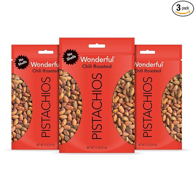Wonderful Pistachios No Shells, Chili Roasted Nuts, 11 Ounce Bag (Pack of 3), Protein Snacks