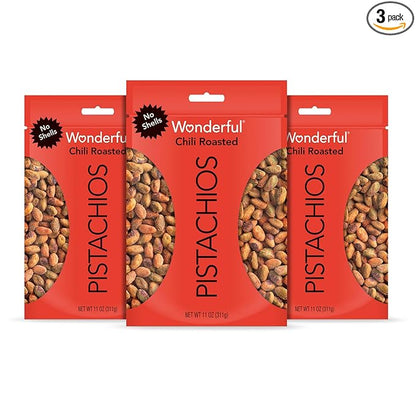 Wonderful Pistachios No Shells, Chili Roasted Nuts, 11 Ounce Bag (Pack of 3), Protein Snacks