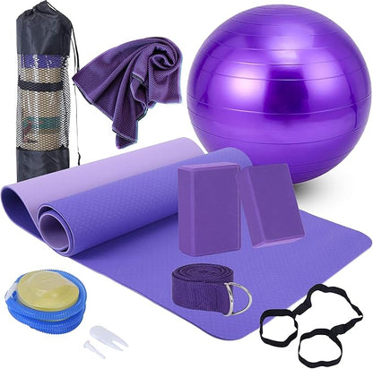Yoga Starter Kit - 11-Piece Set with Yoga Blocks, Strap, Ball, Mat, Carrying Strap, Net Bag