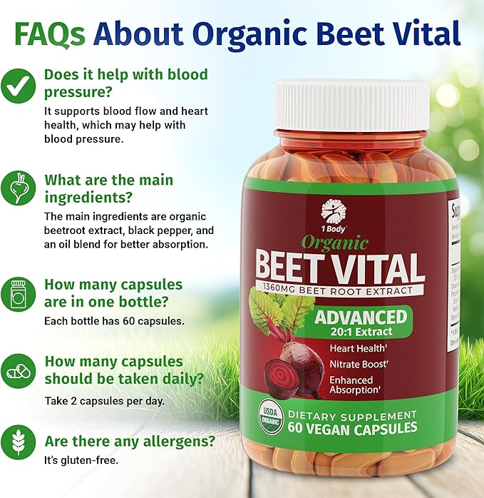 1 Body Beet Vital, Organic Beetroot Supplements for Circulation, Energy, & Stamina, Nitric Oxide