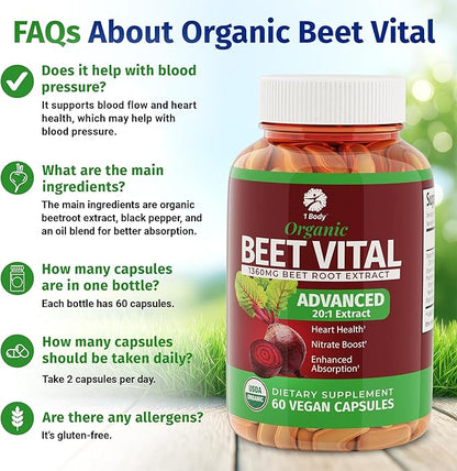 1 Body Beet Vital, Organic Beetroot Supplements for Circulation, Energy, & Stamina, Nitric Oxide