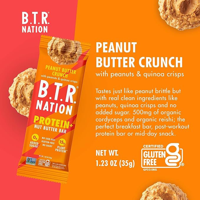 B.T.R Nation Vegan Keto Plant Based High Protein & HIgh Fiber Bars - Peanut Butter Crunch Protein+