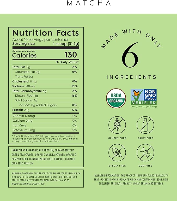 Truvani Vegan Pea Protein Powder | Matcha | 20g Organic Plant Based Protein | 10 Servings | Keto |