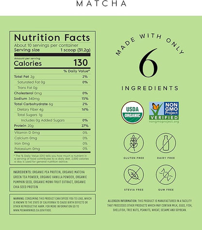 Truvani Vegan Pea Protein Powder | Matcha | 20g Organic Plant Based Protein | 10 Servings | Keto |