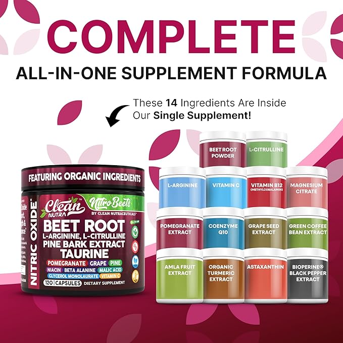 Clean Nutra Organic Beet Root Capsules L Arginine L Citrulline Pine Bark Nitric Oxide Beetroot