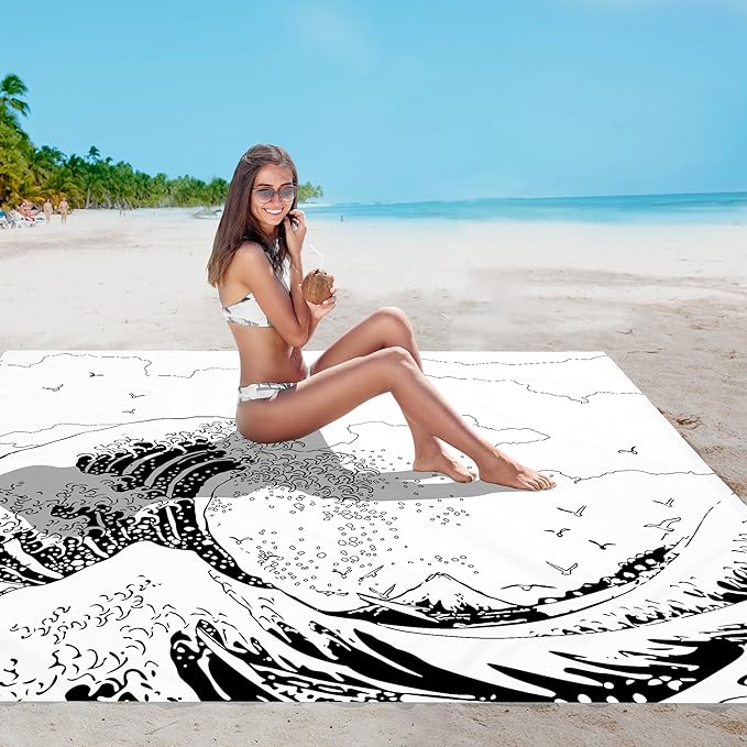 Beach Blanket, Waterproof Sandproof Beach Mat with 4 Stakes & 4 Pockets, 78''×86'' Lightweight
