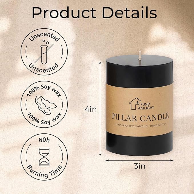 3x4 Inch Black Pillar Candles Set of 3 - Decorative Unscented Pillar Candles, Long Burning Dripless