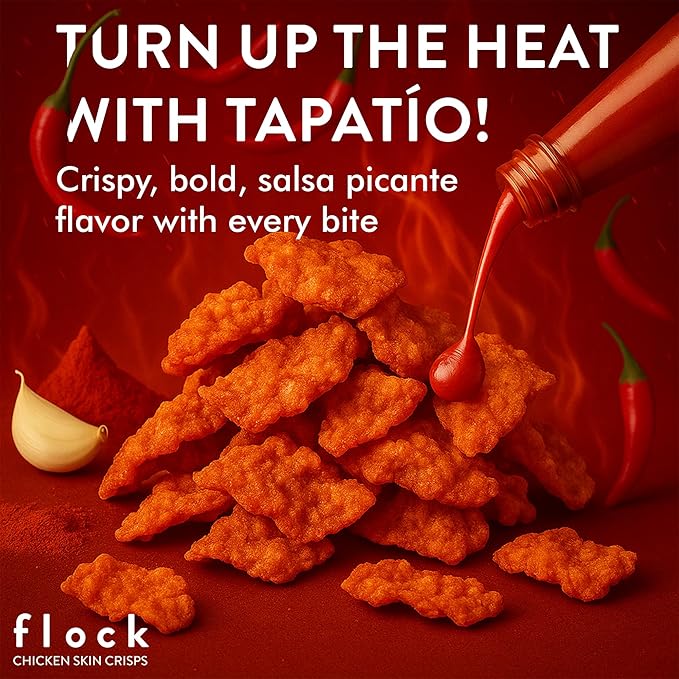 Flock Keto Chicken Skin Chips – Tapatio Flavor, Low Carb, High Protein, Gluten-Free Chicken Crisps