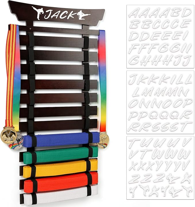 12 Belts Karate Belt Display Rack with Stickers, Martial Arts Belt Display Holder, Taekwondo Belt